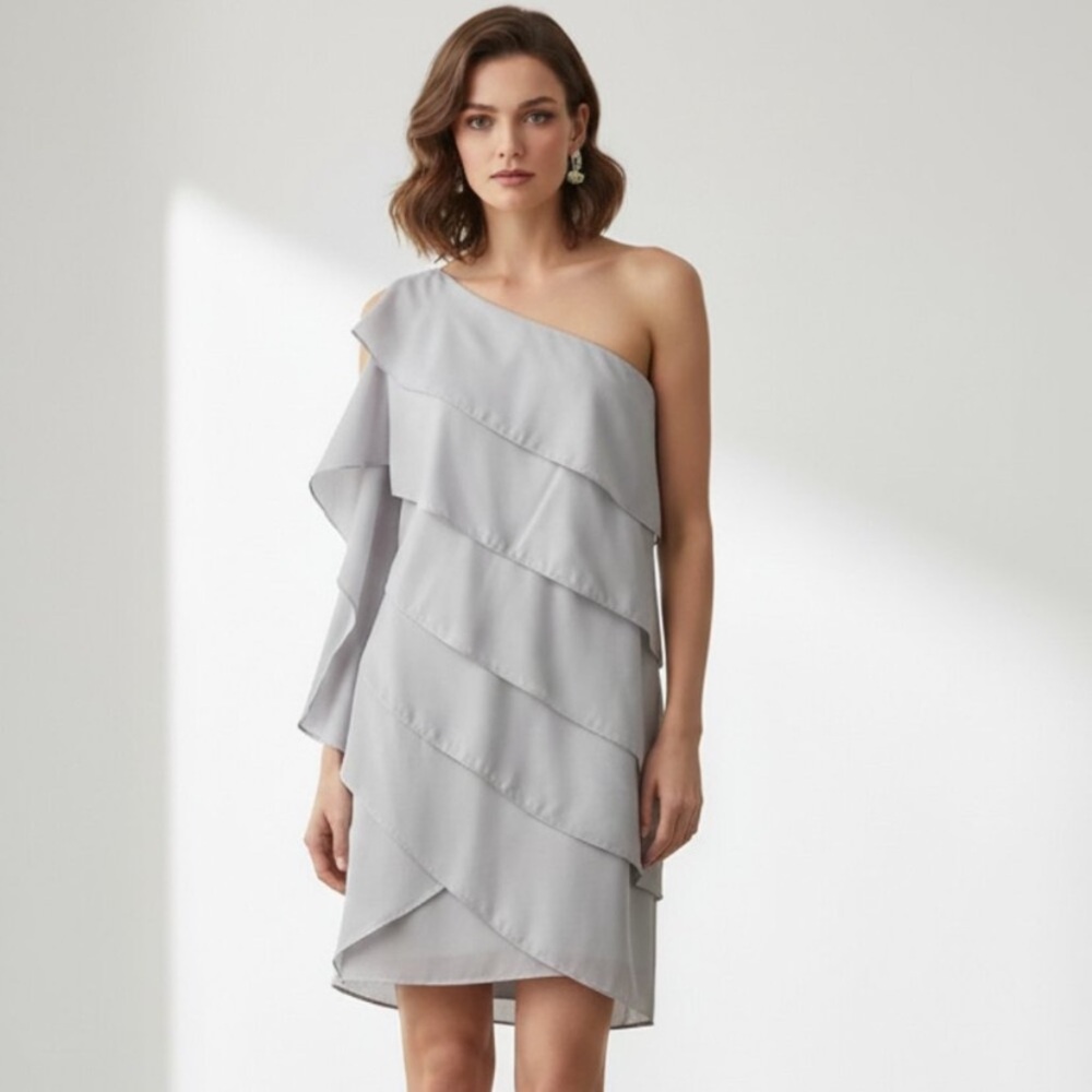 BCBG Women's Mini Dress Tiered Layered Ruffle One Shoulder Tie Sleeve Pale blue
